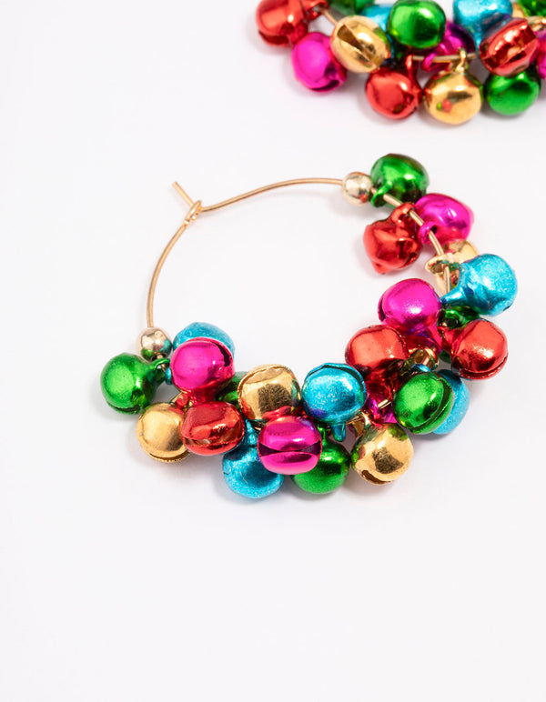 Gold Colourful Bell Christmas Hoop Earrings