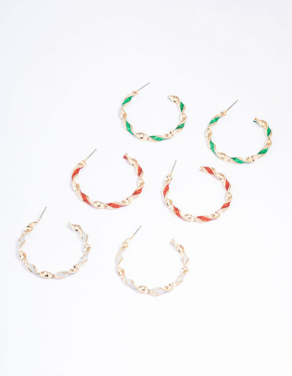 Gold Glitter Twisted Festive Hoop Earrings 3-Pack