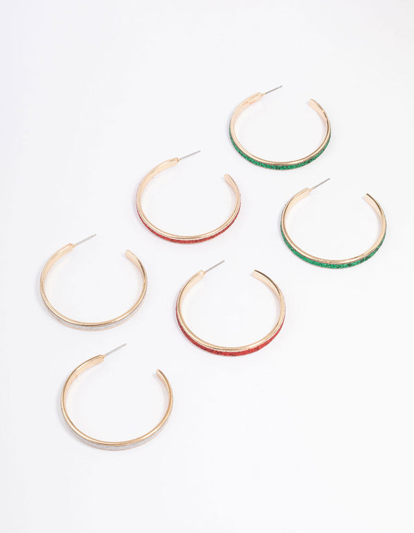 Gold Glitter Festive Hoop Earrings 3-Pack