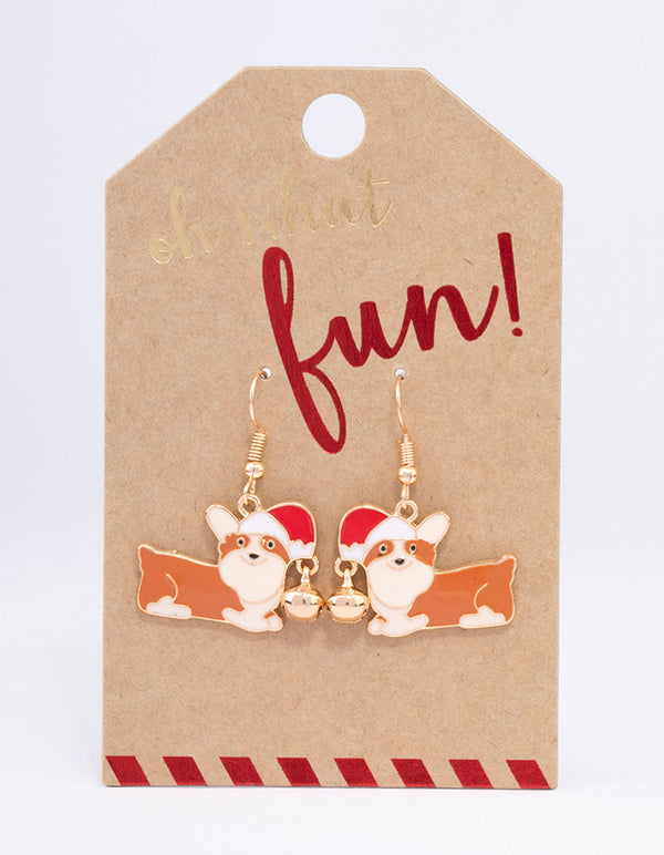 Gold Corgi Christmas Drop Earrings