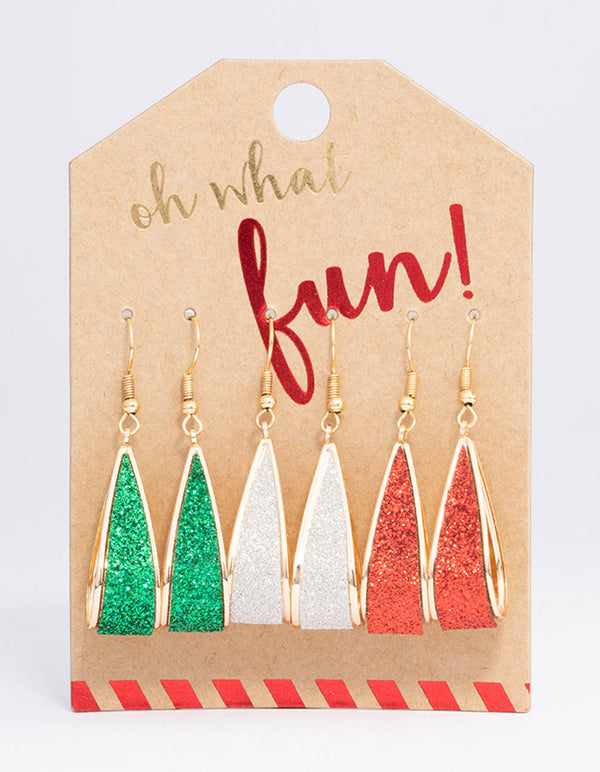 Gold Christmas Ribbon Glitter Earrings 3-Pack
