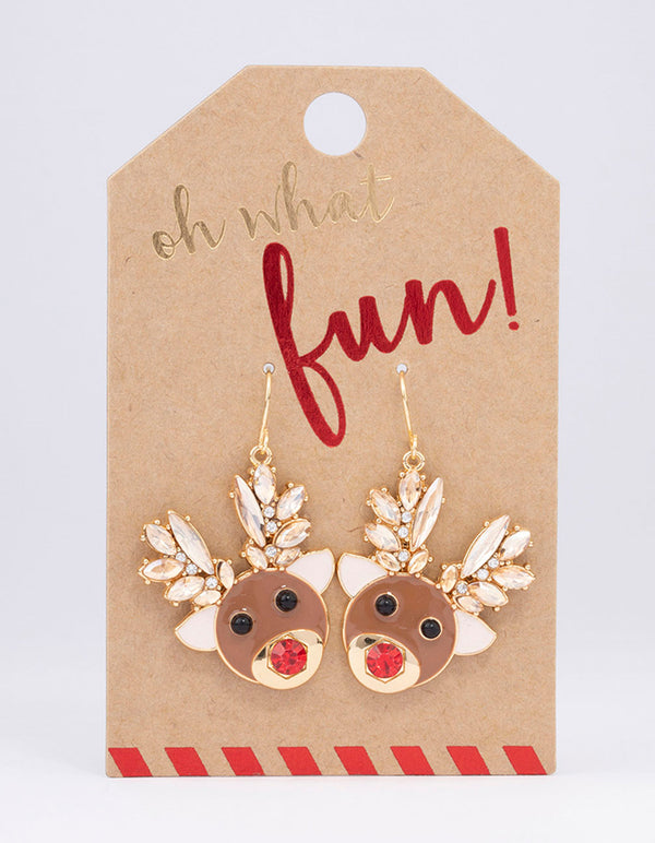 Gold Diamante Reindeer Drop Earrings