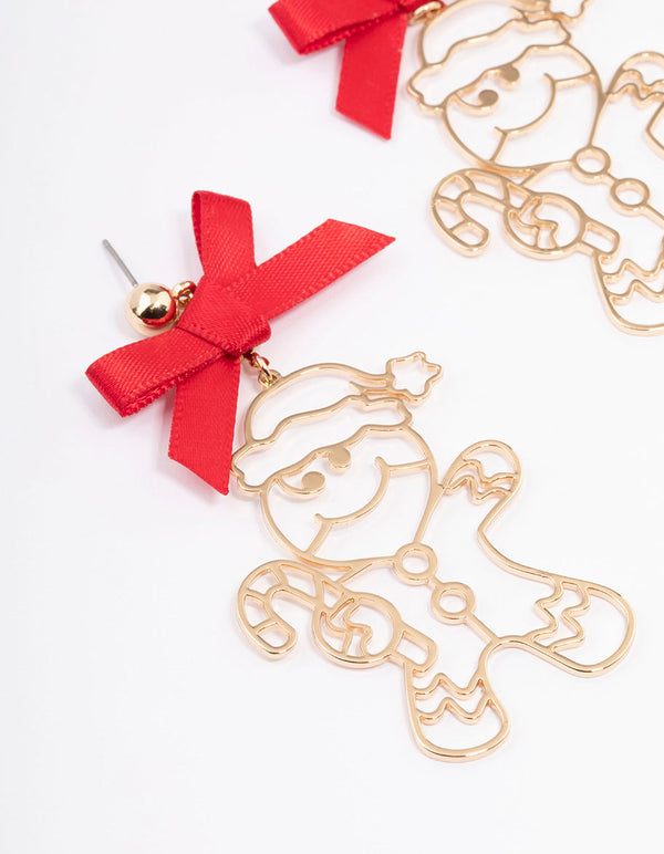Gold Gingerbread Man Bow Drop Earrings