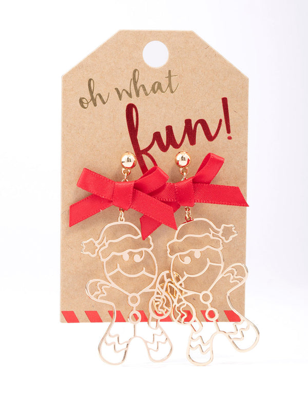Gold Gingerbread Man Bow Drop Earrings
