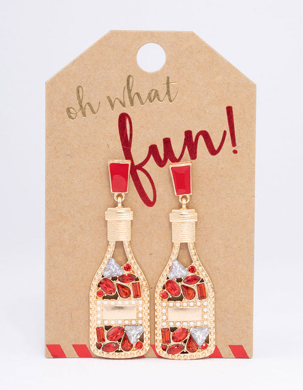 Gold Red Diamante Glitter Wine Bottle Drop Earrings
