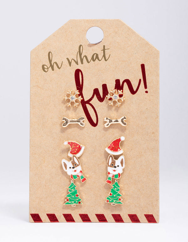 Gold Dog & Bone Christmas Stud Earrings 5-Pack