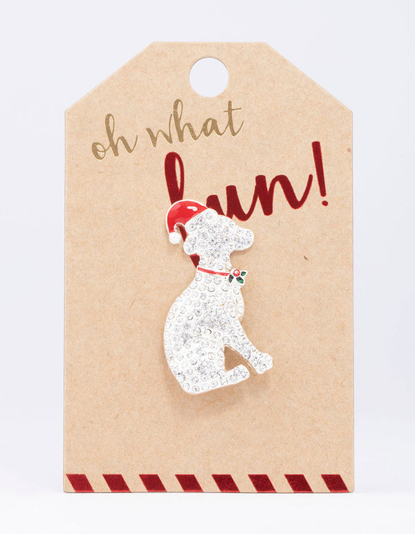 Silver Diamante Dog & Christmas Hat Brooch