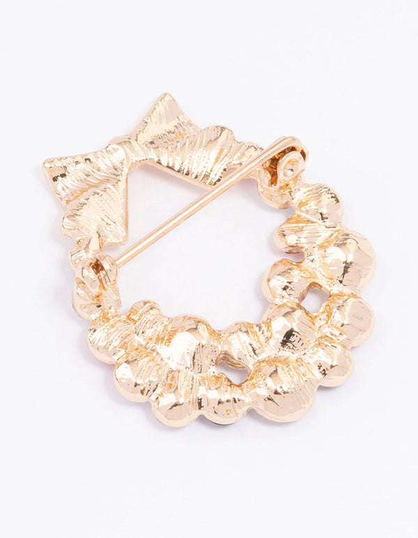 Gold Diamante Christmas Wreath Brooch