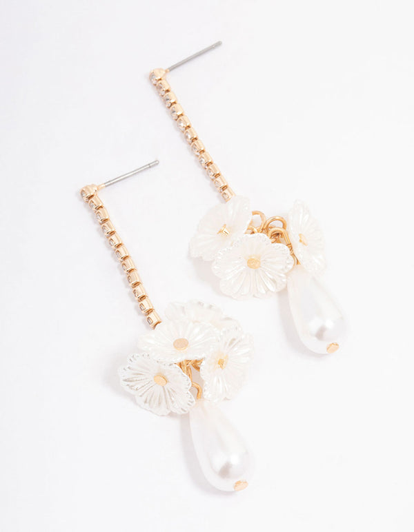 Gold Cup Chain Flower Pearl Drop Earrings