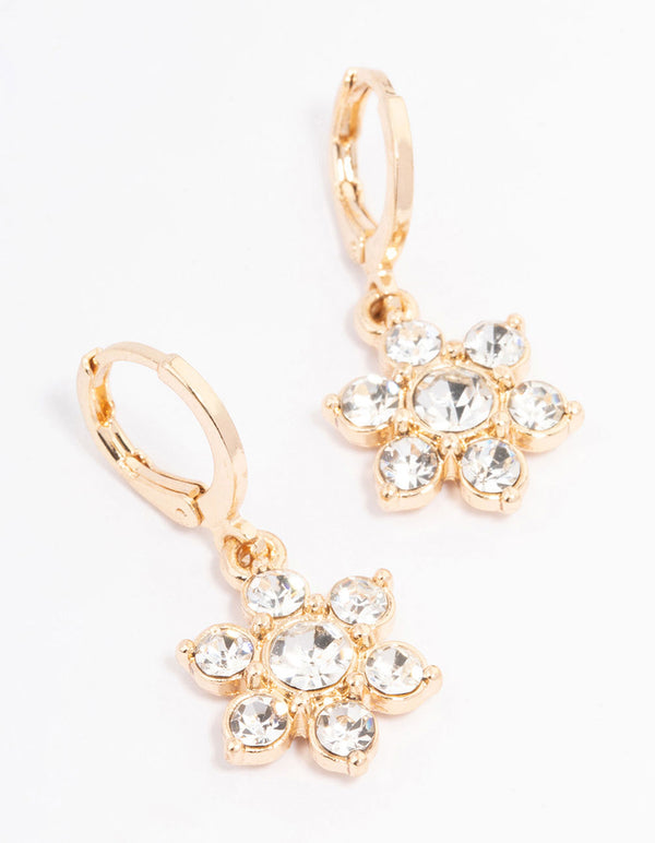 Gold Plated Diamante Flower Drop Huggie Earrings