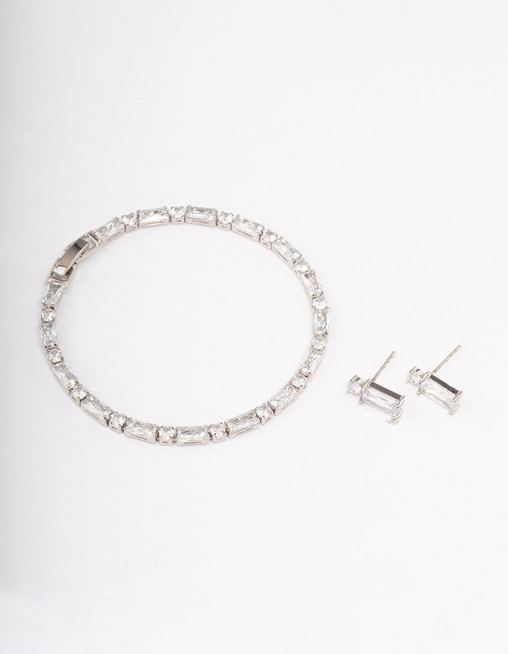 Silver Cubic Zirconia Baguette Earrings & Tennis Bracelet Set