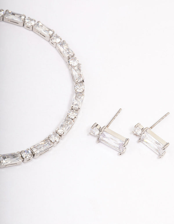 Silver Cubic Zirconia Baguette Earrings & Tennis Bracelet Set