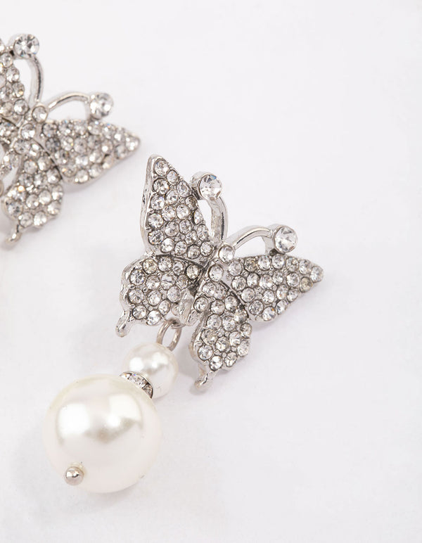 Silver Butterfly & Pearl Drop Earrings