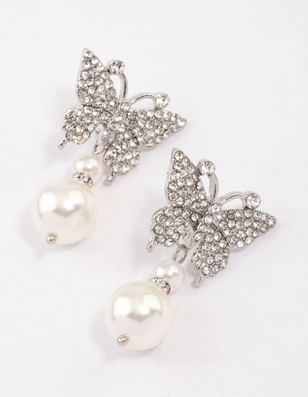 Silver Butterfly & Pearl Drop Earrings