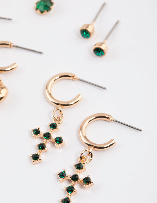 Gold Diamante Heart & Cross Earrings 4-Pack
