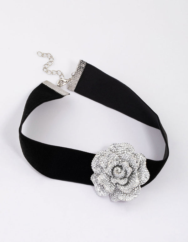 Silver Black Crystal Mini Flower Choker