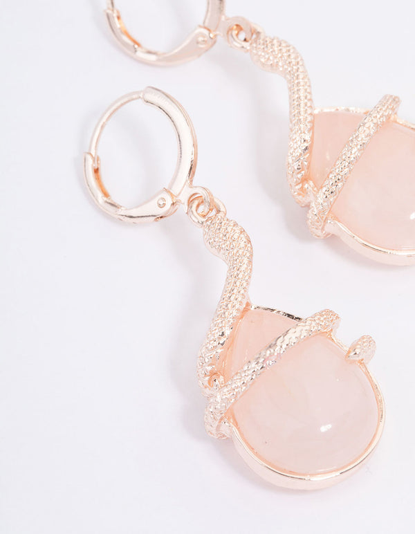 Rose Gold Rose Quartz Snake Wrapped Drop Earrings