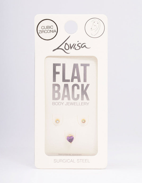 Gold Plated Surgical Steel Heart Round Cubic Zirconia Flat Back 3-Pack