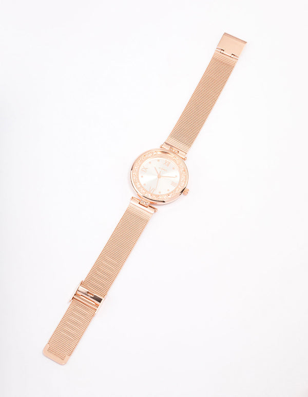 Rose Gold Crystal & Mesh Watch