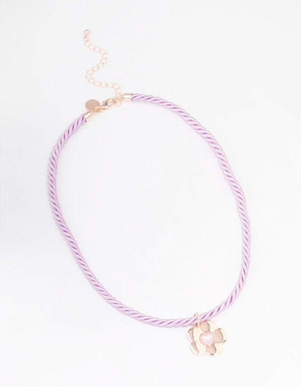 Rose Gold Twisted Cord Pearly Flower Necklace