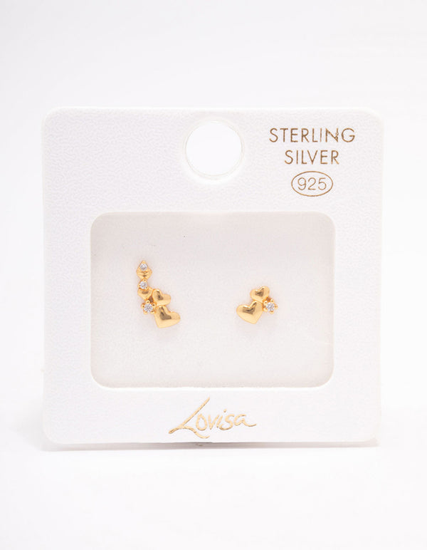 Gold Plated Sterling Silver Graduating Heart Crawler Stud Earrings