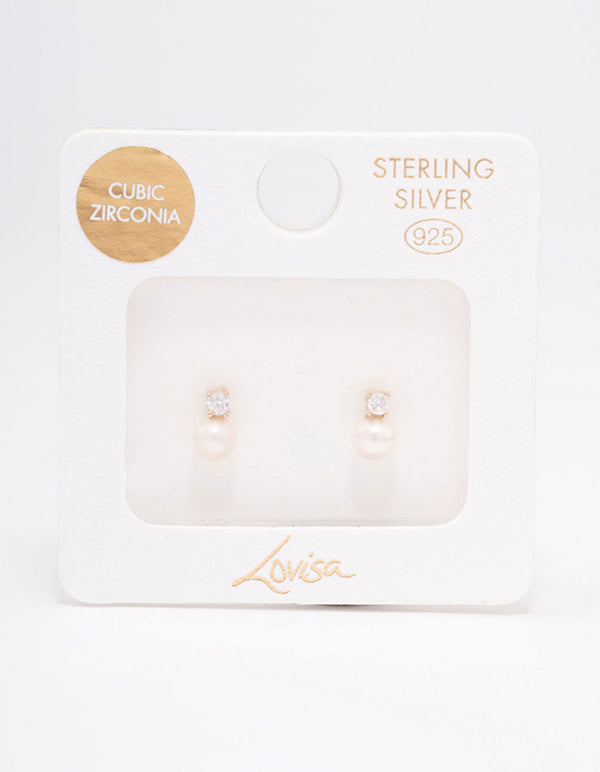 Gold Plated Sterling Silver Cubic Zirconia & Freshwater Pearl Stud Earrings