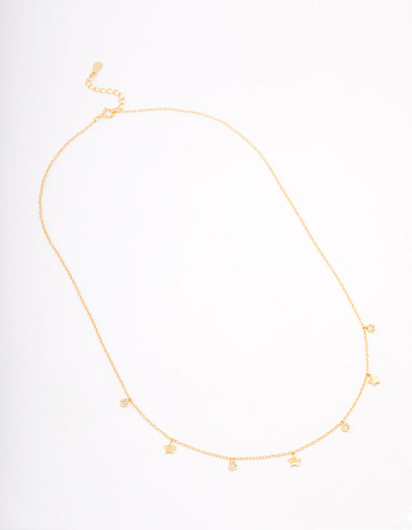 Gold Plated Sterling Silver Alternating Cubic Zirconia Star Pendant Necklace
