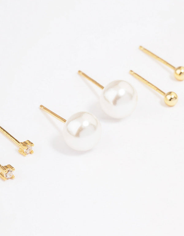 Gold Plated Sterling Silver Pearl & Cubic Zirconia Earring 3-Pack
