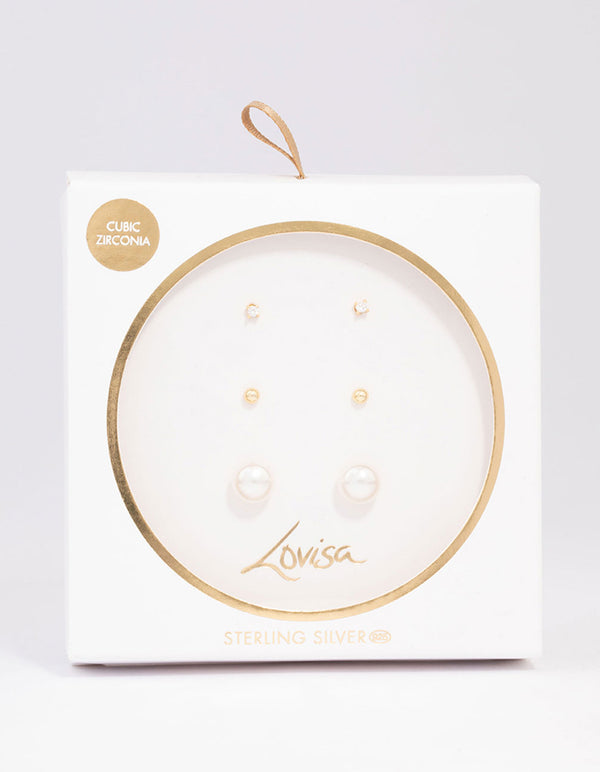 Gold Plated Sterling Silver Pearl & Cubic Zirconia Earring 3-Pack