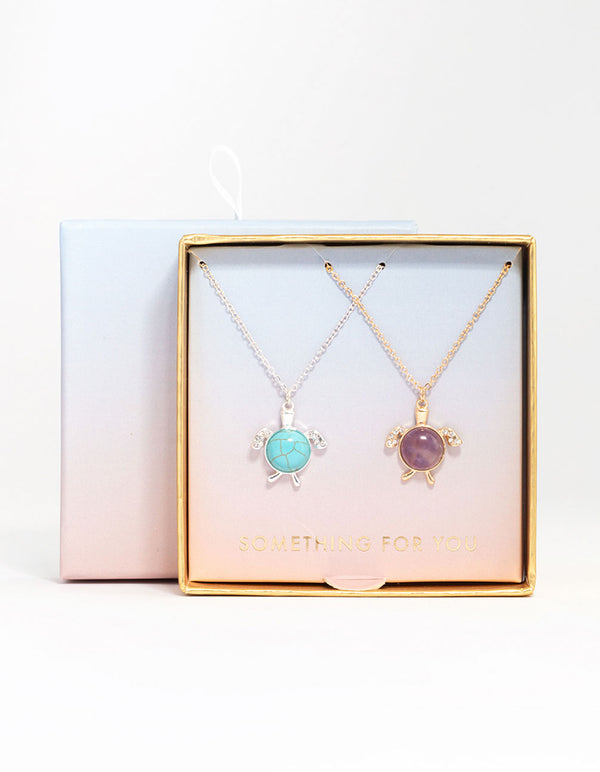 Mixed Metal Turquoise & Amethyst Turtle Necklace Pack