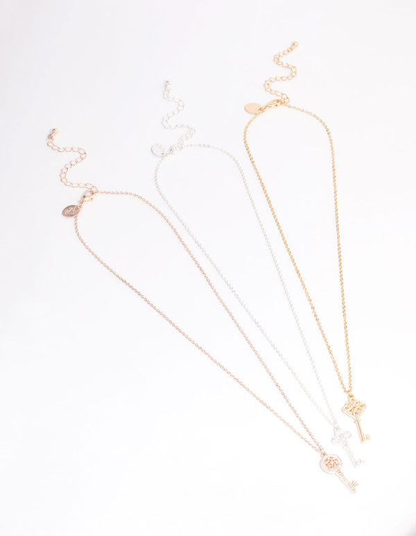Mixed Metal Diamante Key Necklace 3-Pack