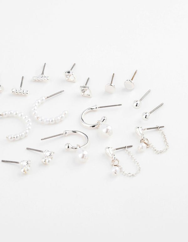 Silver Pearl Mixed Stud & Hoop Earring 12-Pack