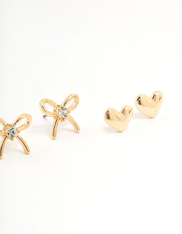 Gold Pearl Heart Bow Earrings 3-Pack