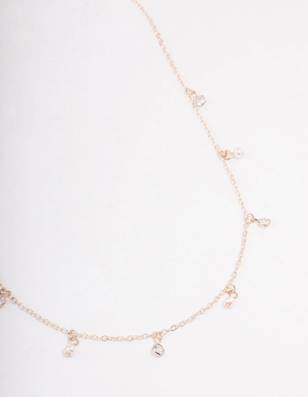 Rose Gold Diamante & Pearl Drop Station Necklace