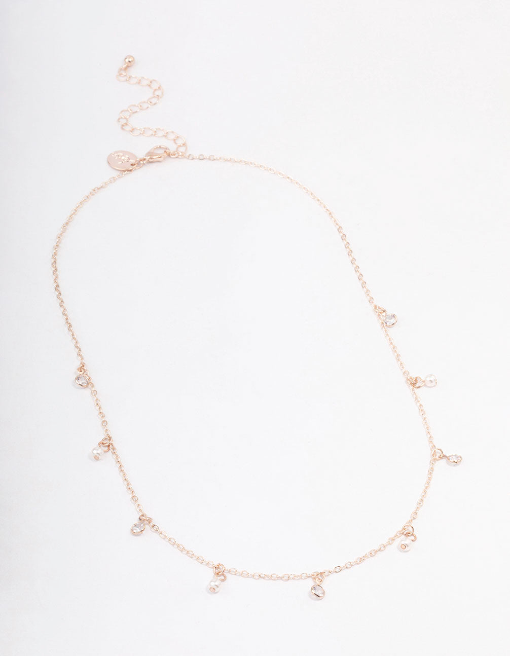 Rose Gold Diamante & Pearl Drop Station Necklace