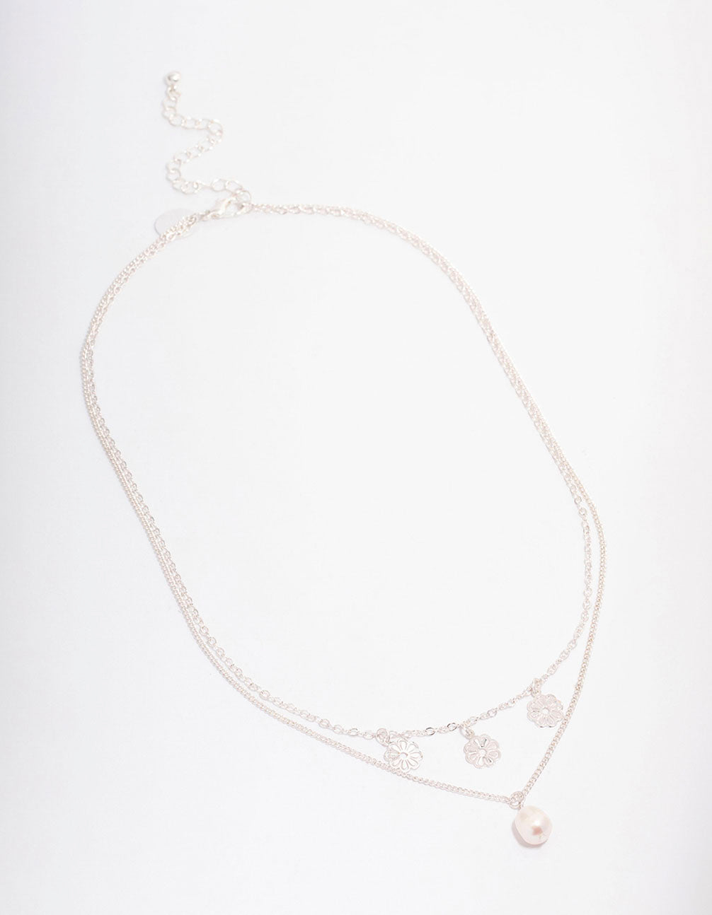 Silver Filigree Flower & Pearl Layer Necklace
