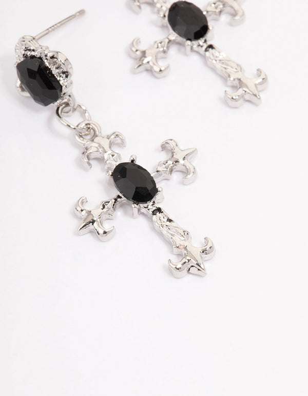 Silver Ornate Cross Drop Earrings