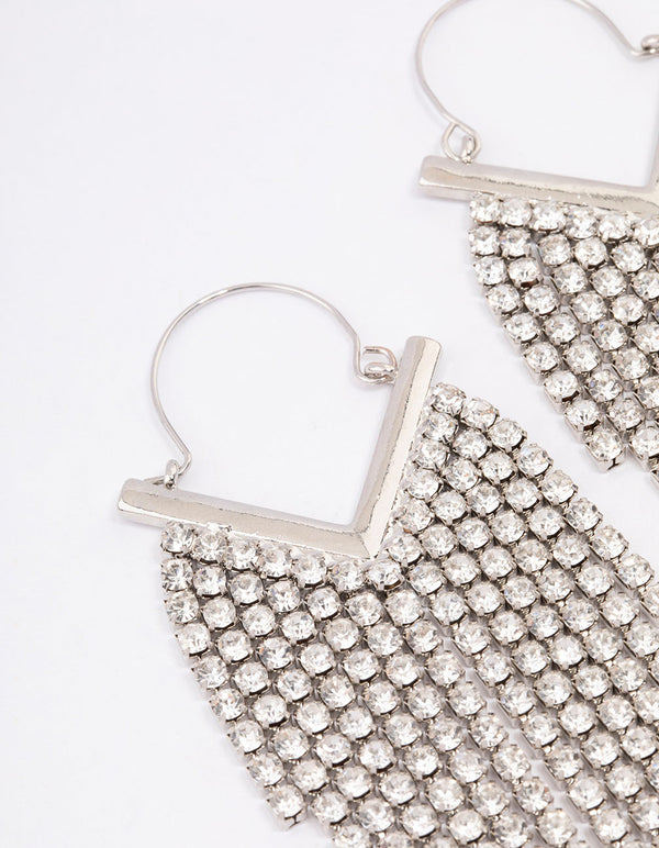 Silver Diamante Tassel Cup Chain Hoop Earrings