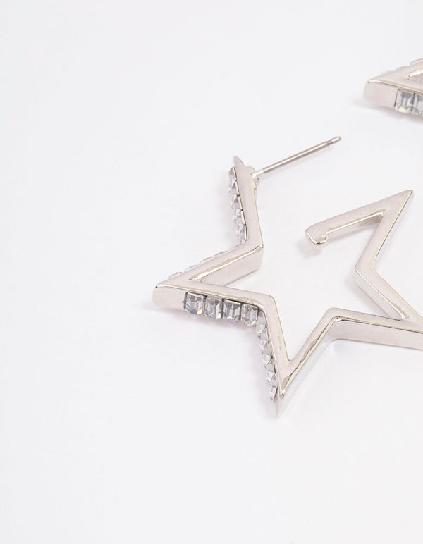 Silver Baguette Diamante Star Hoop Earrings