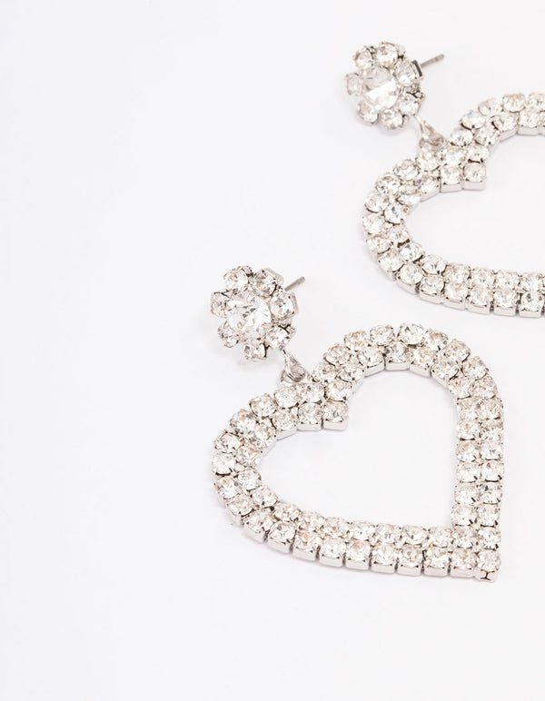 Silver Diamante Heart Drop Earrings