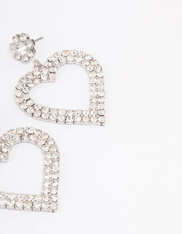 Silver Diamante Heart Drop Earrings