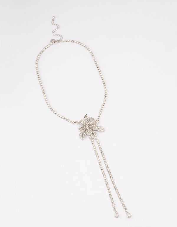 Silver Cup Chain Diamante Flower Necklace