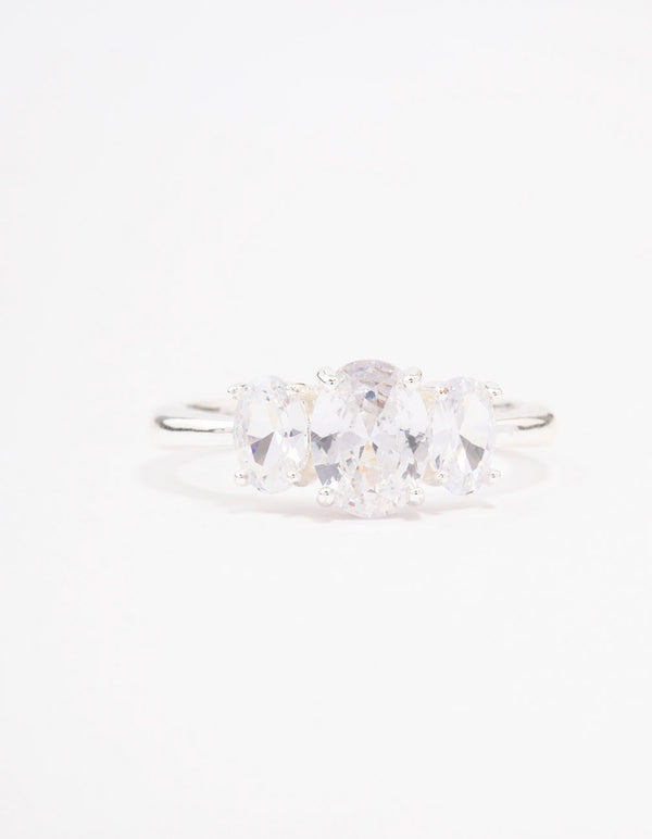 Silver Plated Oval Triple Stone Engagement Ring