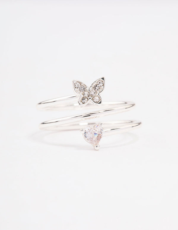 Silver Plated Heart Butterfly Wrapped Ring
