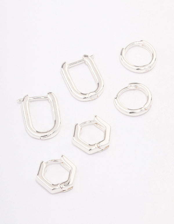 Silver Plated Brass Hexagon Hoop Earrings Pack