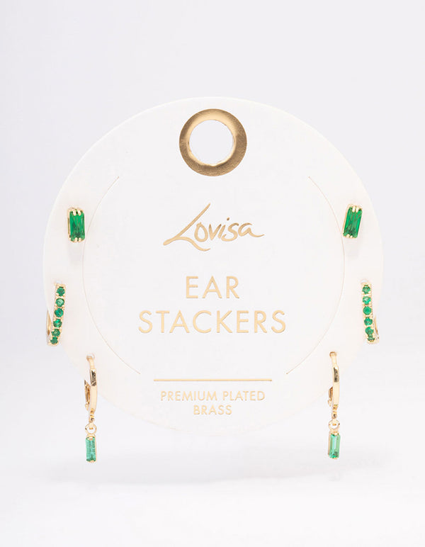 Gold Plated Brass Baguette Stud & Huggie Earring Pack