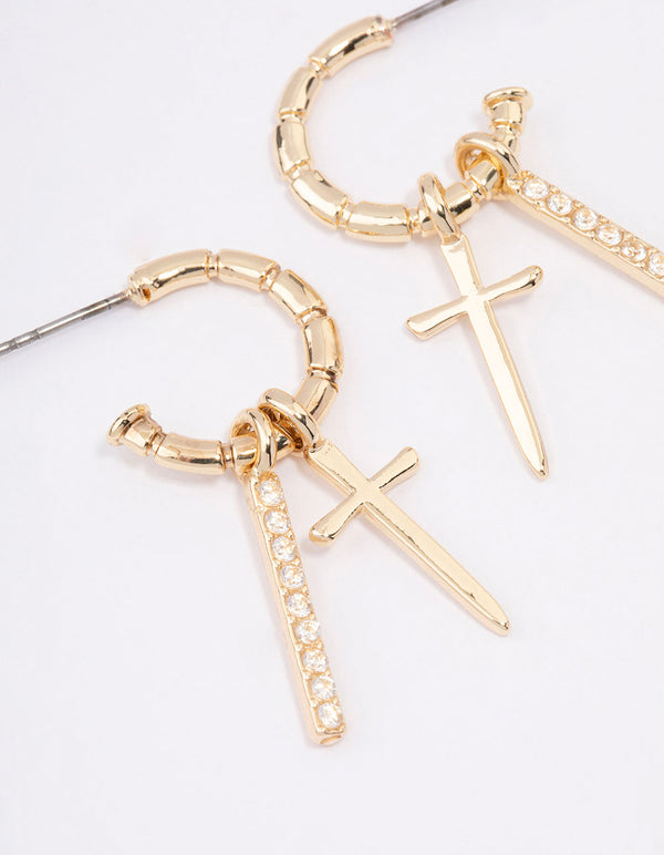 Gold Plated Cross Diamante Bar Hoop Earrings