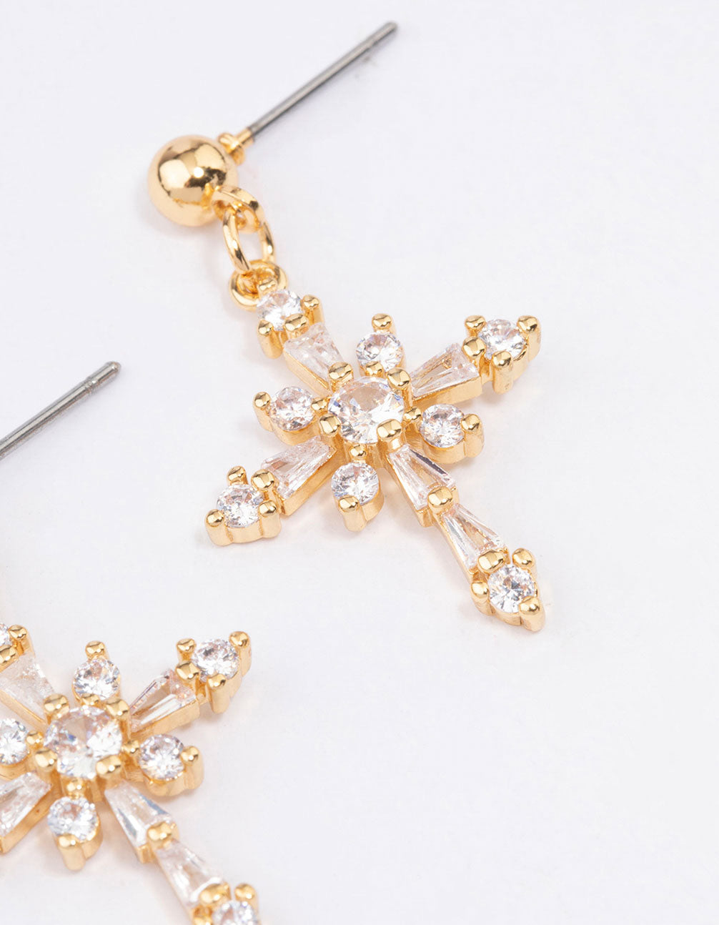 Gold Plated Cubic Zirconia Ornate Cross Drop Earrings