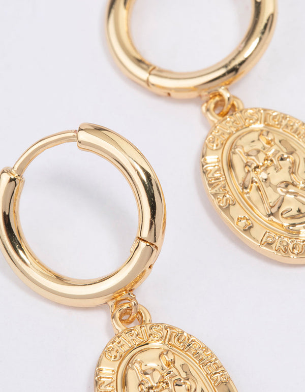 Gold Plated Coin Pendant Huggie Earrings