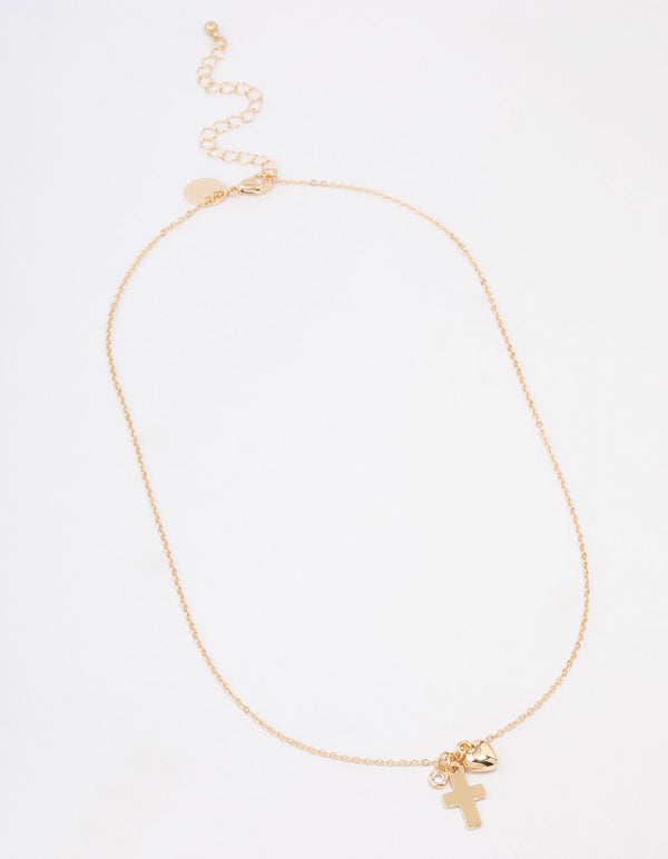 Gold Plated Cross Heart Charm Pendant Necklace